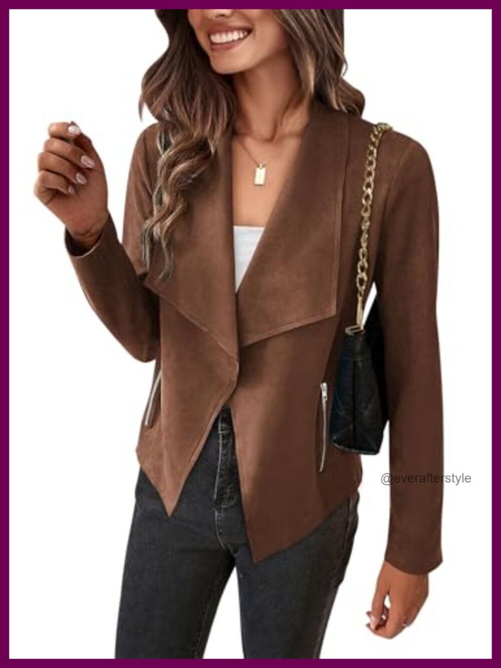 Faux Suede Cropped Jacket Waterfall Collar Open Front Zip Pockets